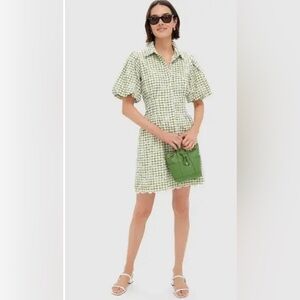 TUCKERNUCK Embroidered Floral Green Gingham Mini Delaney Dress Size S NWT